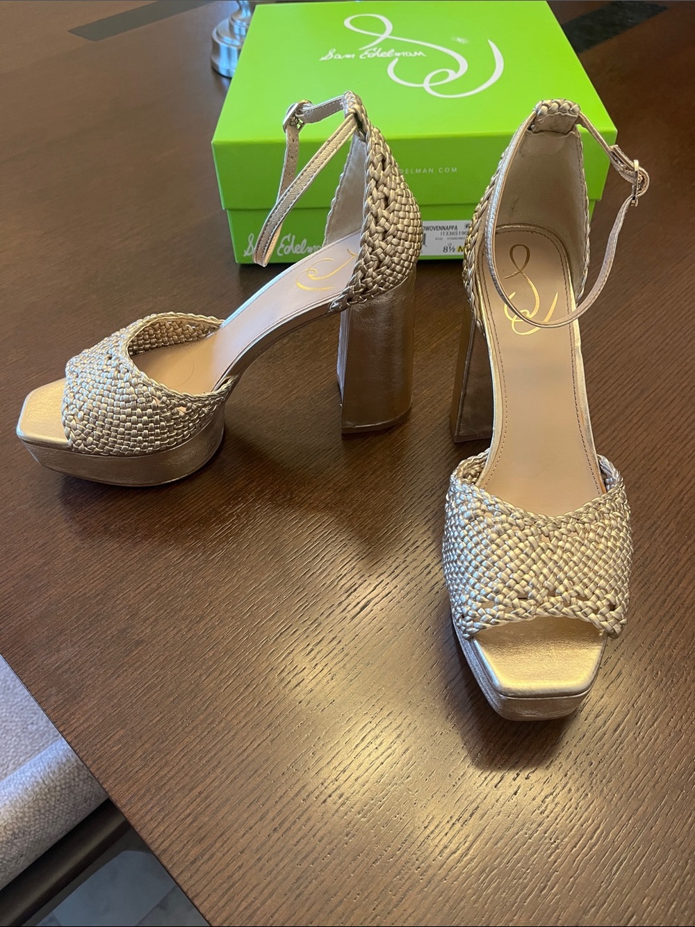Sam Edelman Metallic Gold Braided Platform Sandals with Ankle Strap